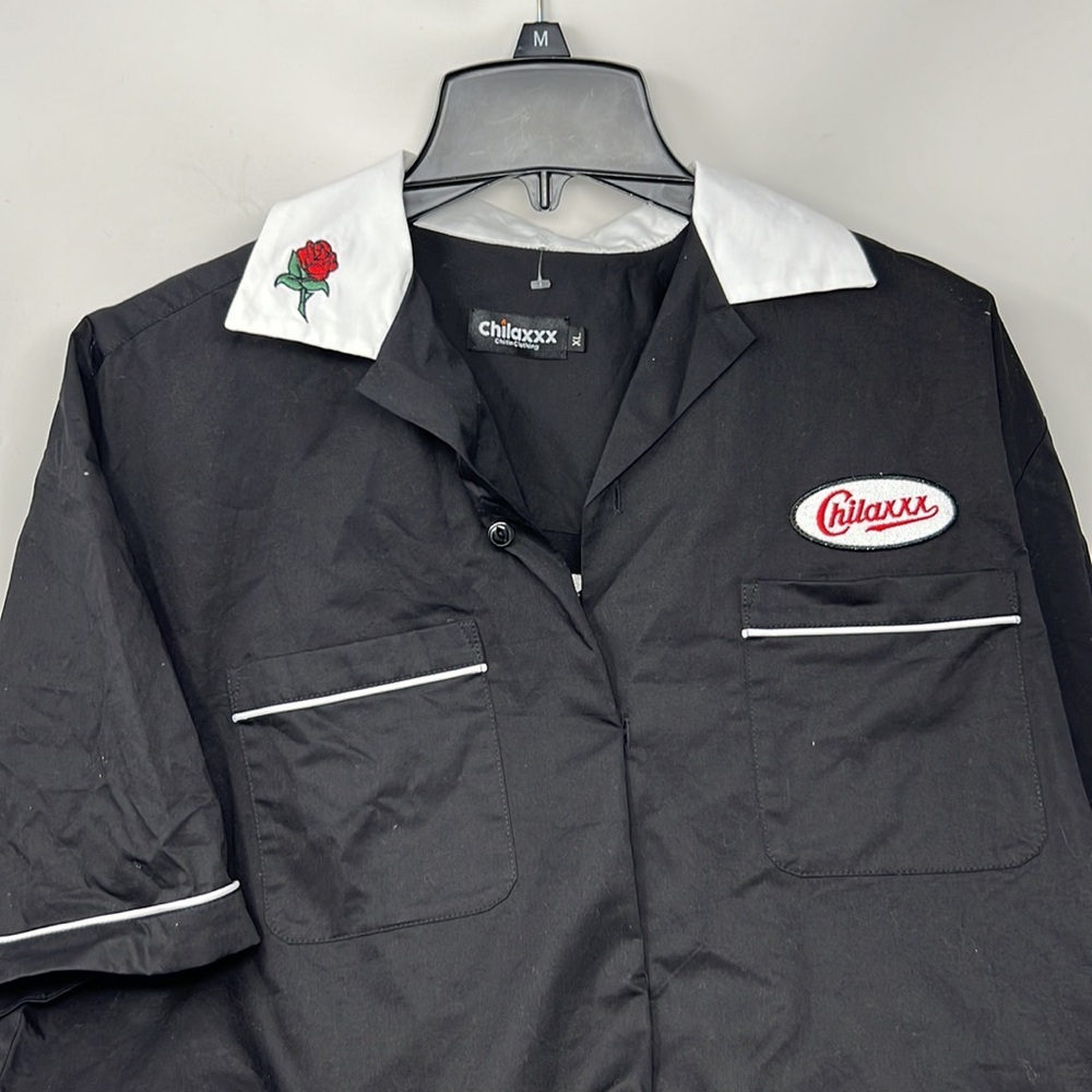 Chilaxxx XL Black Bowling Shirt Panther Embroidered Back Graphic Rockabilly - Picture 3 of 10